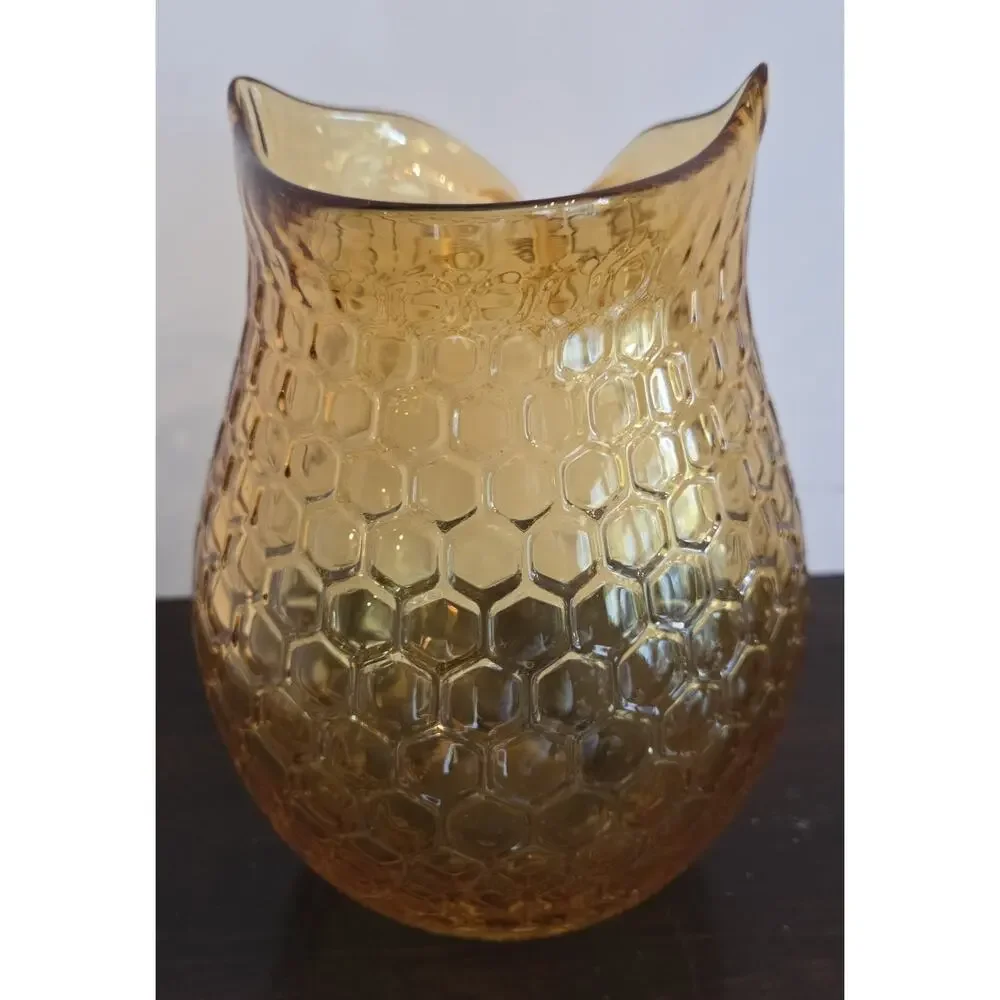 Amber Gold Owl Hand Blown Pier 1 Art Glass Vase 5x8 In Textured Honeycomb